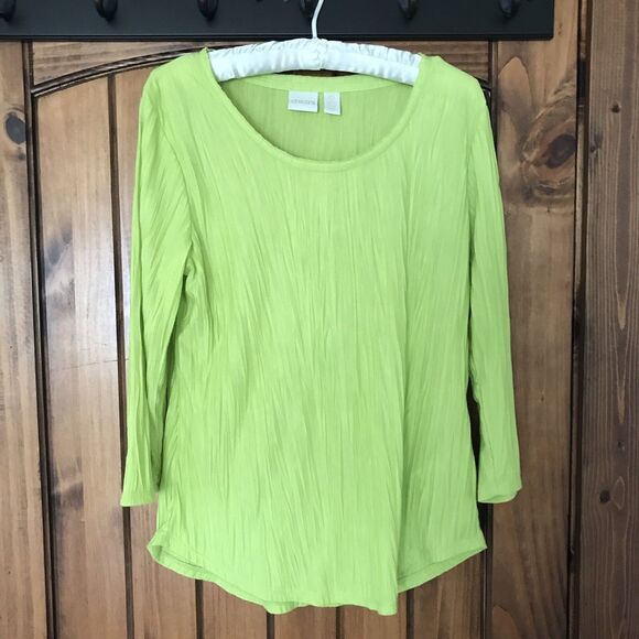 Chicos Crinkle Round Neck 3/4 Sleeve Top SZ 0 S Yellow Lime Statement Dopamine - Picture 9 of 11